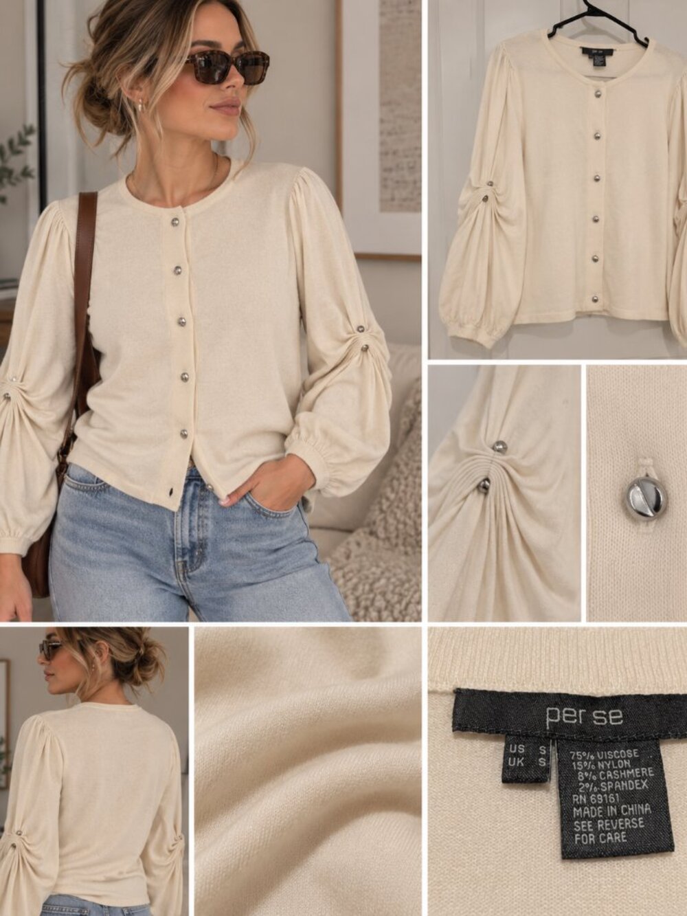 708 - Per Se Cashmere Blend Cream Ruched Balloon Sleeve Cardigan S